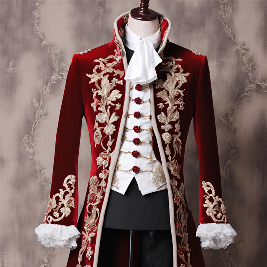 Men 3pc French Rococo Fashion 18th Century Suit Costume Hand Embroidery Free Lace Jabots & Cuff (HS-58) Bespoke Point