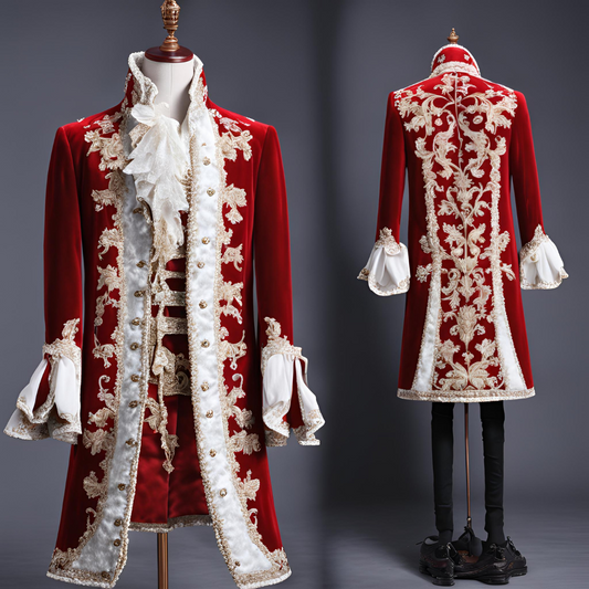 Men 3pc French Rococo Fashion 18th Century Suit Costume Hand Embroidery Free Lace Jabots & Cuff (HS-59) Bespoke Point