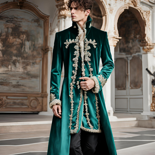 Men 3pc French Rococo Fashion 18th Century Suit Costume Hand Embroidery Free Lace Jabots & Cuff (HS-66)