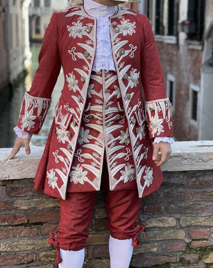 Men 3pc French Rococo Fashion 18th Century Suit Costume Hand Embroidery With Cape Free Lace Jabots & Cuff (HS-29)