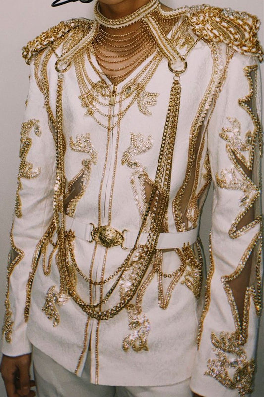 Men 3pc French Rococo Fashion 18th Century Suit Costume Hand Embroidery Free Lace Jabots & Cuff (HS-174) Bespoke Point