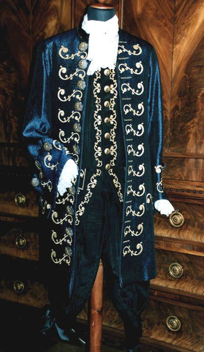 Men 3pc Blue Velvet French Rococo Fashion 18th Century Suit Costume Free Lace Jabots & Cuff (HS-11)