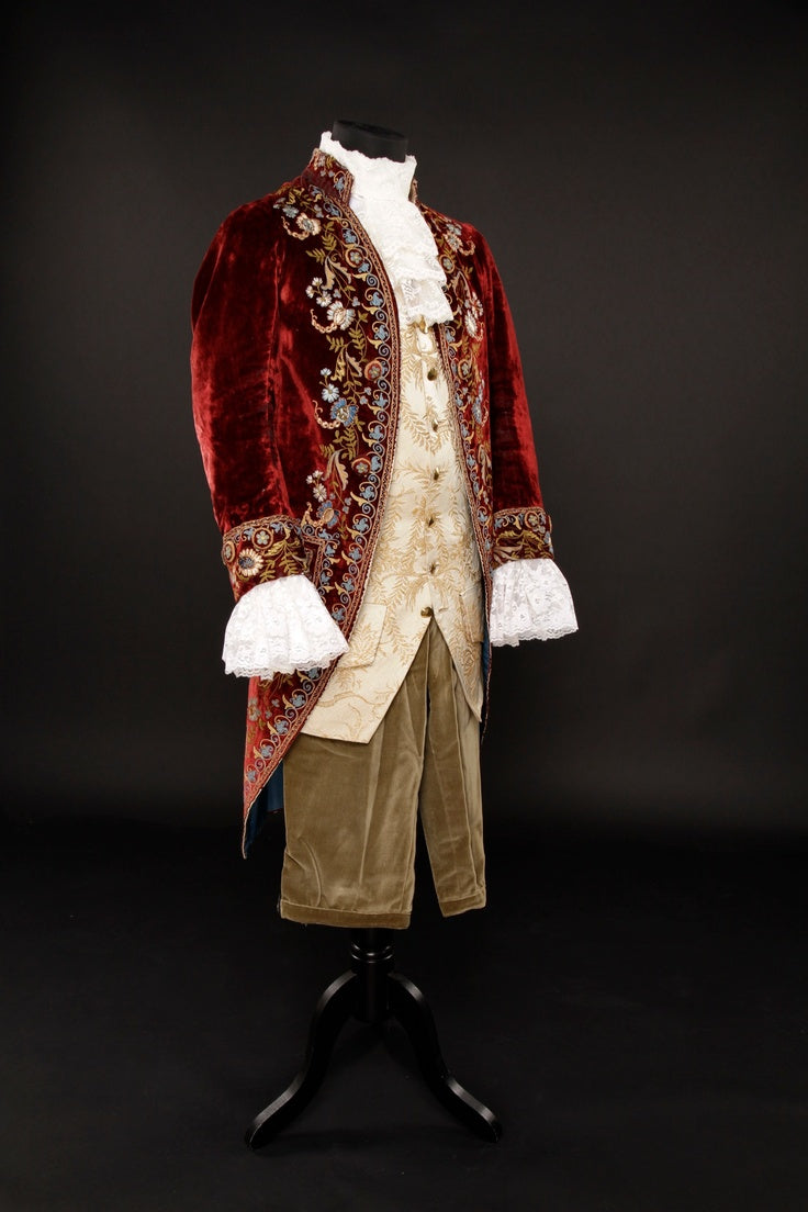 Men 3pc French Rococo Fashion 18th Century Suit Costume Hand Embroidery Free Lace Jabots & Cuff (HS-165) Bespoke Point