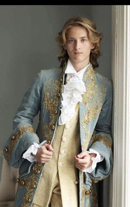 Men 3pc French Rococo Fashion 18th Century Suit Costume Hand Embroidery Free Lace Jabots & Cuff (HS-119) Bespoke Point