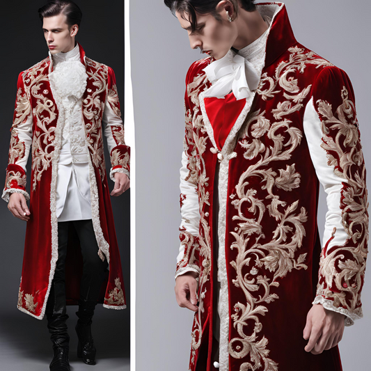 Men 3pc French Rococo Fashion 18th Century Suit Costume Hand Embroidery Free Lace Jabots & Cuff (HS-56) Bespoke Point