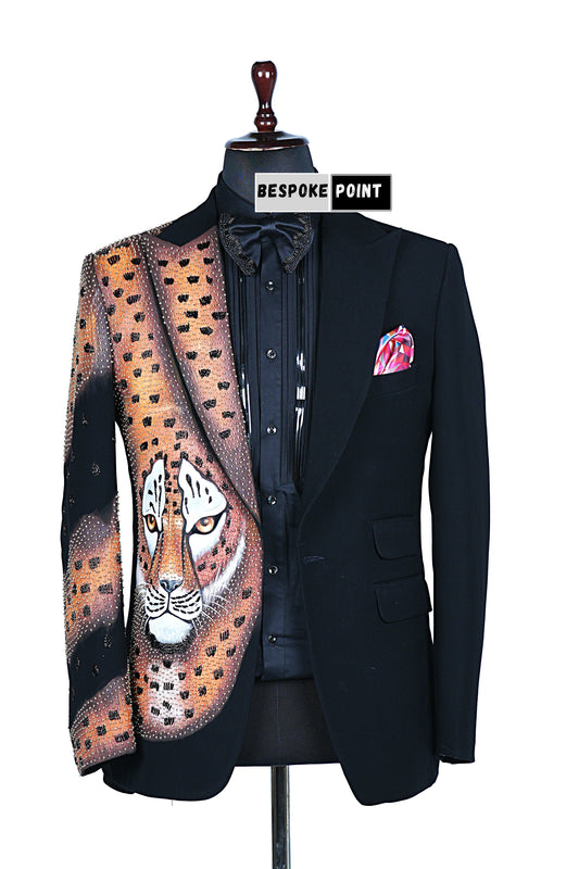 Men 2pc Black Tiger Embroidery Suit (NS-29) Bespoke Point