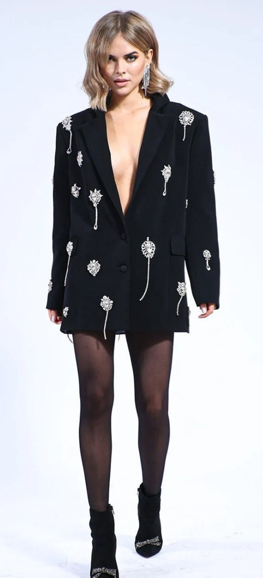 Women Black Blazer Crystal Embellished Jacket Blazer 2pc Suit (WS-14)