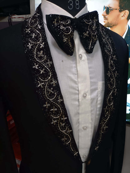 Men 2pc Embroidery Black Velvet Suit (NS-12)