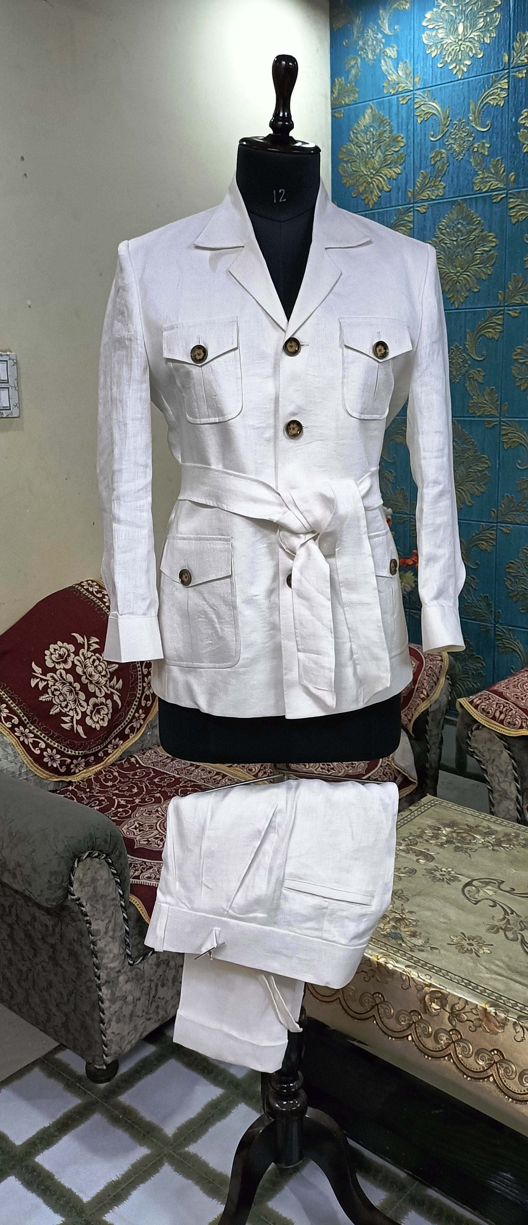 Men 2pc White Linen Safari Jacket Suit (MS-02) Bespoke Point