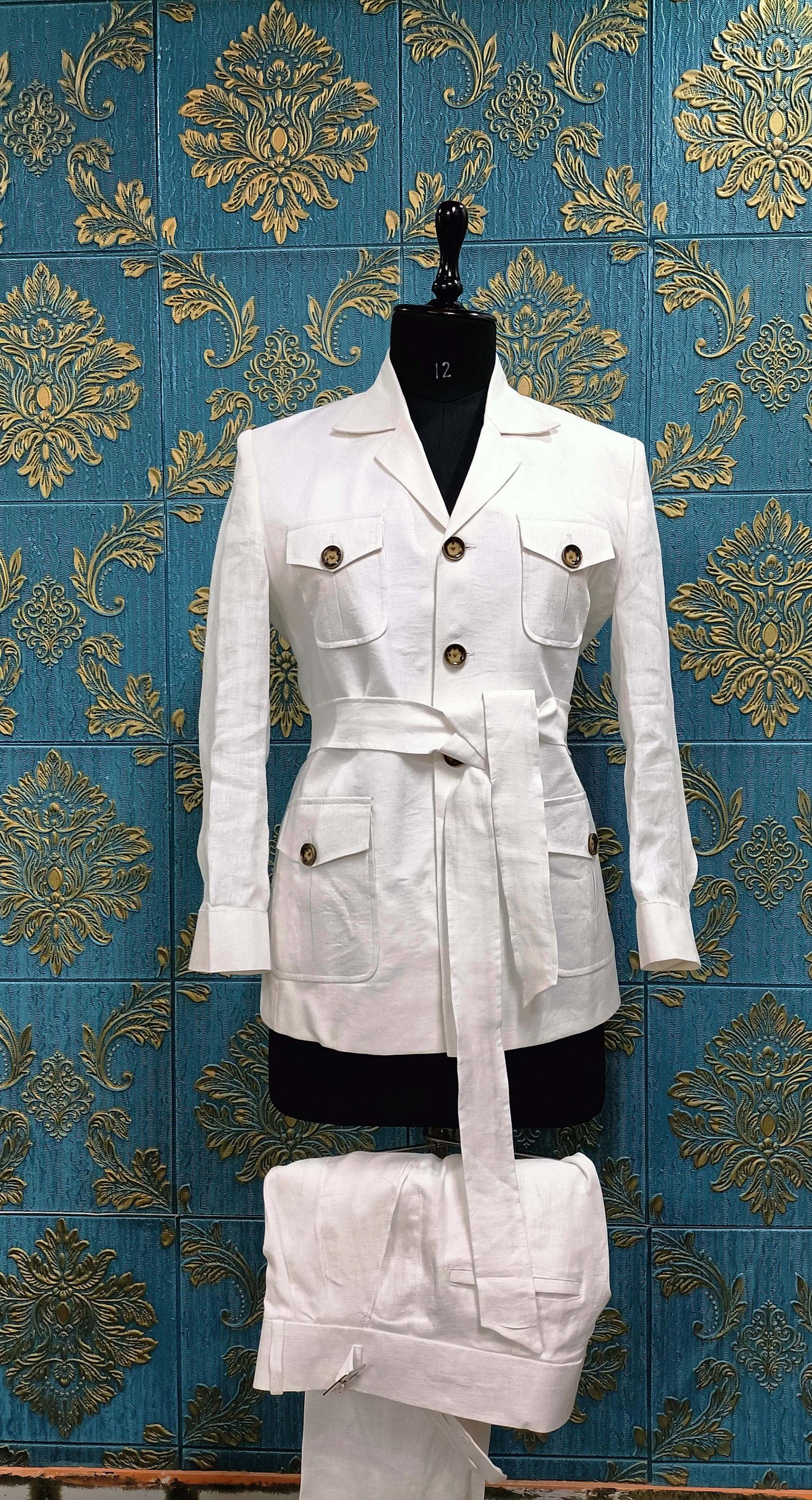 Men 2pc White Linen Safari Jacket Suit (MS-02) Bespoke Point