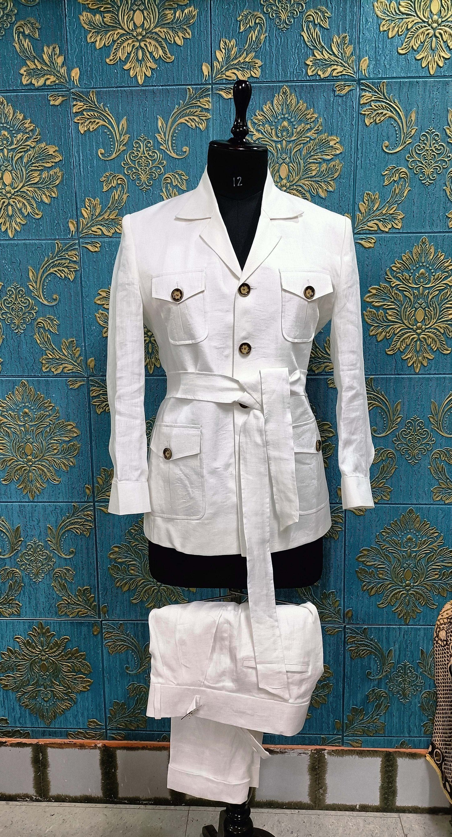 Men 2pc White Linen Safari Jacket Suit (MS-02) Bespoke Point