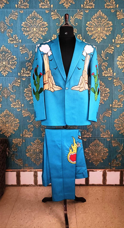 Men 2pc Turquoise Embroidery Suit (NS-02)