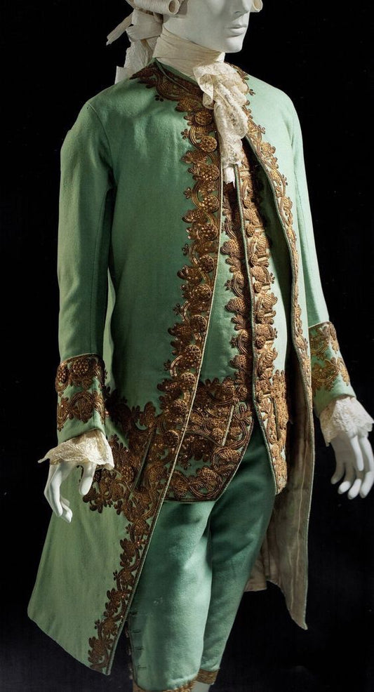 Men 3pc French Rococo Fashion 18th Century Suit Costume Hand Embroidery Free Lace Jabots & Cuff (HS-187) Bespoke Point