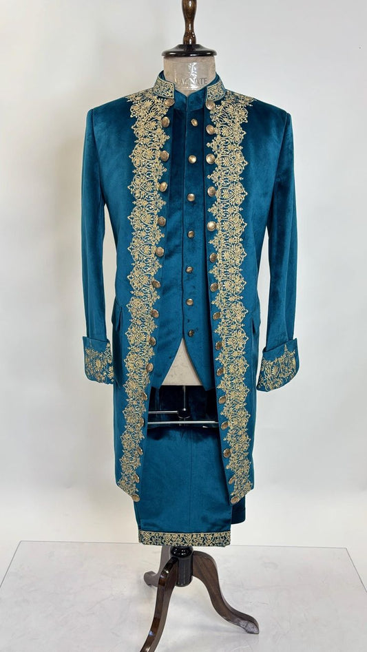 Men 3pc French Rococo Fashion 18th Century Suit Costume Hand Embroidery Free Lace Jabots & Cuff (HS-182) Bespoke Point