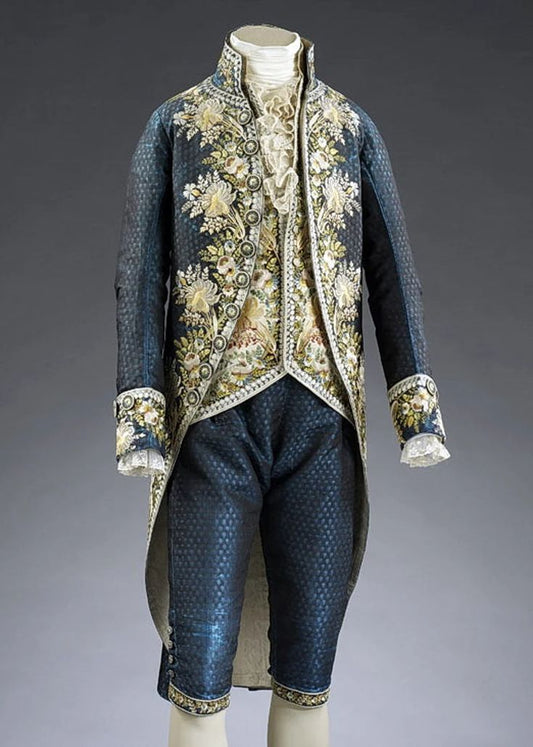 Men 3pc French Rococo Fashion 18th Century Suit Costume Hand Embroidery Free Lace Jabots & Cuff (HS-190) Bespoke Point