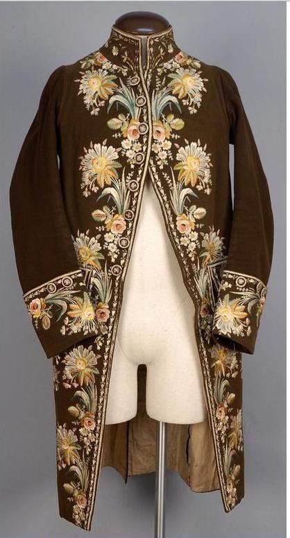 Men 3pc French Rococo Fashion 18th Century Suit Costume Hand Embroidery Free Lace Jabots & Cuff (HS-186) Bespoke Point