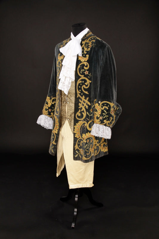 Men 3pc French Rococo Fashion 18th Century Suit Costume Hand Embroidery Free Lace Jabots & Cuff (HS-177) Bespoke Point