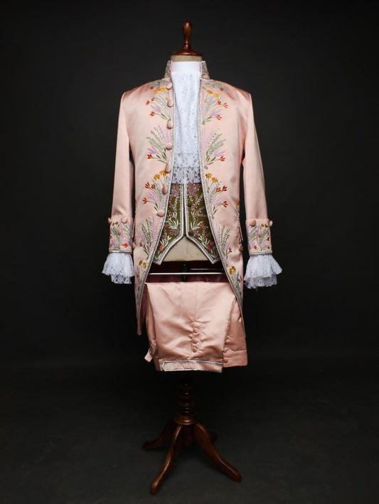 Men 3pc French Rococo Fashion 18th Century Suit Costume Hand Embroidery Free Lace Jabots & Cuff (HS-179)