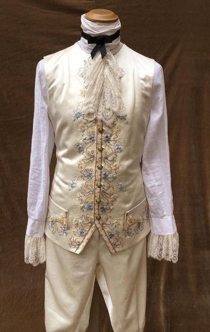 Men 3pc French Rococo Fashion 18th Century Suit Costume Hand Embroidery Free Lace Jabots & Cuff (HS-106) Bespoke Point