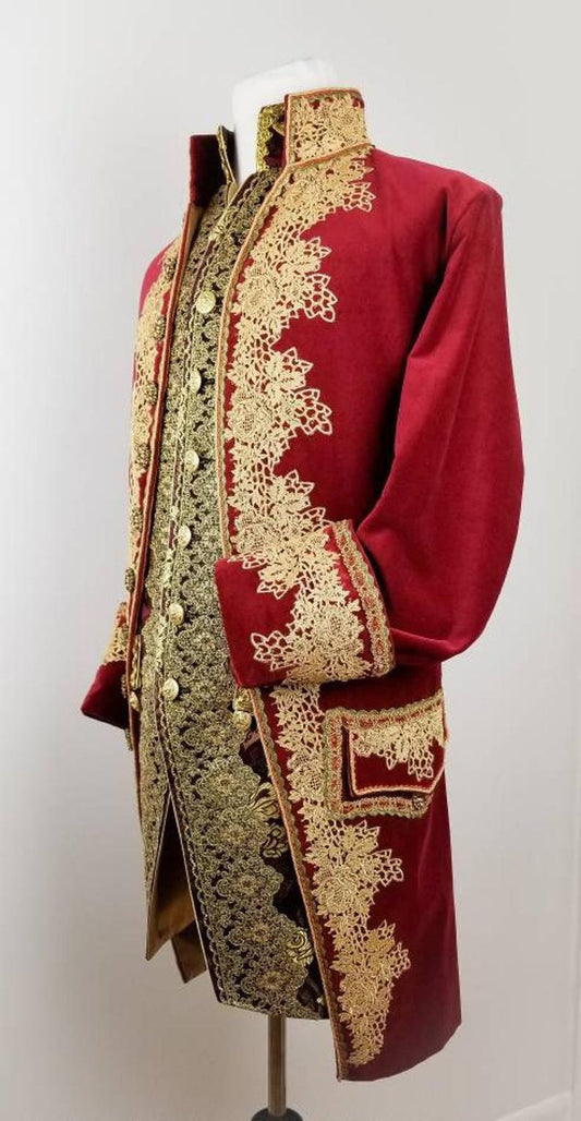 Men 3pc French Rococo Fashion 18th Century Suit Costume Hand Embroidery Free Lace Jabots & Cuff (HS-191) Bespoke Point